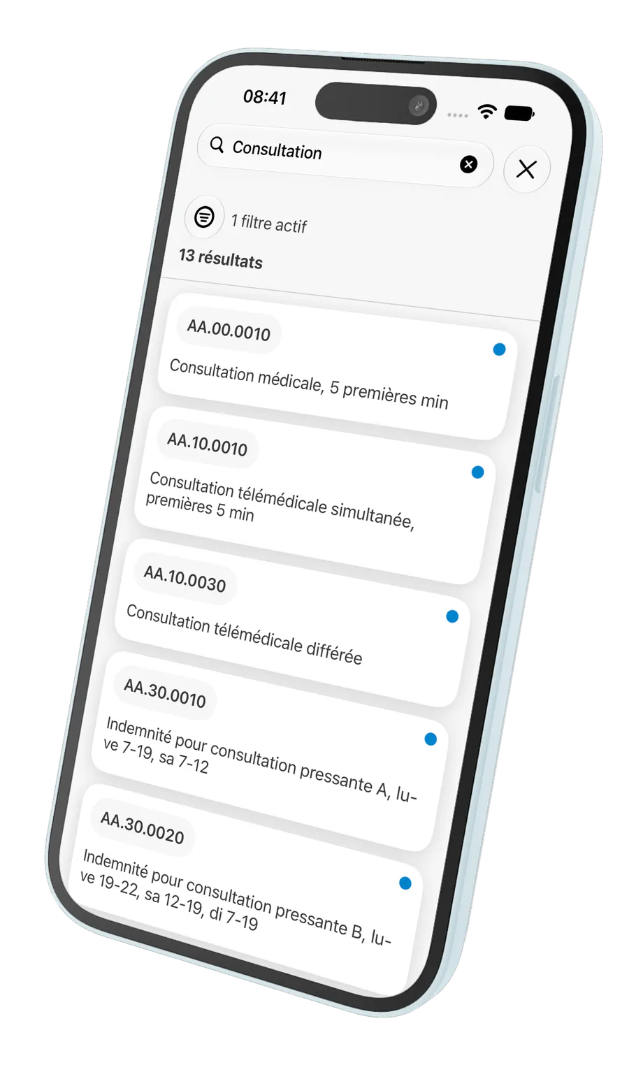 Écran de recherche de l'app iTardoc