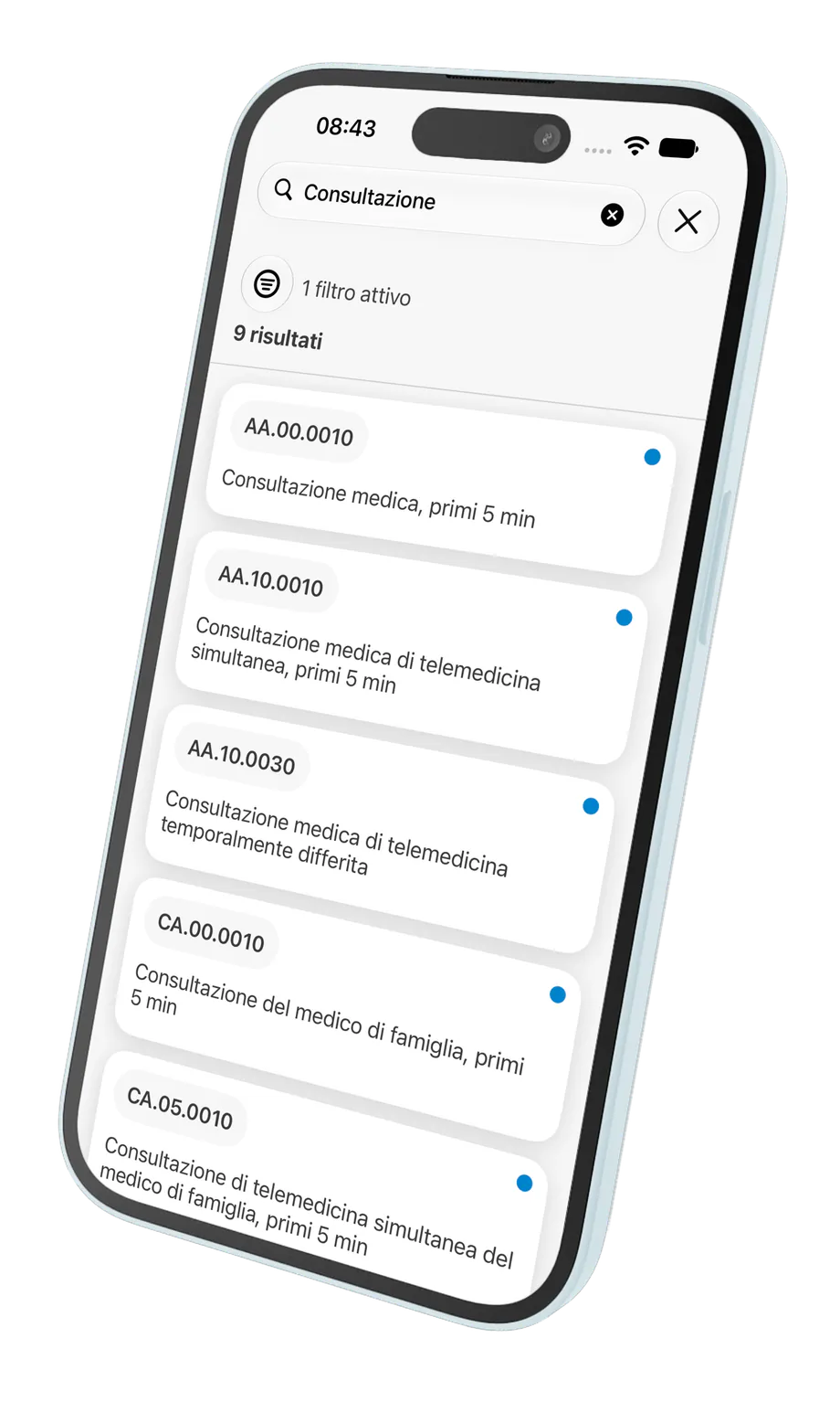 Schermata di ricerca dell'app iTardoc